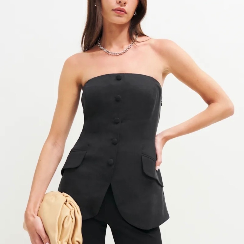 Reformation Tonya Top Black Strapless ‎ Non-functional Button Front Size 6 - Picture 7 of 9